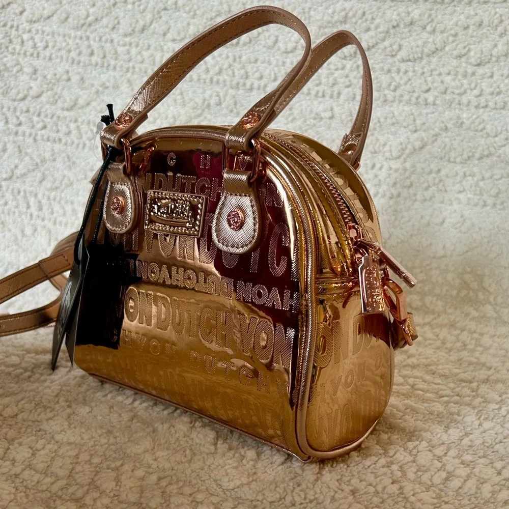 NWT Von Dutch Bowler Handbag Rose Gold Metallic Y2K Alternative Goth - Picture 6 of 6